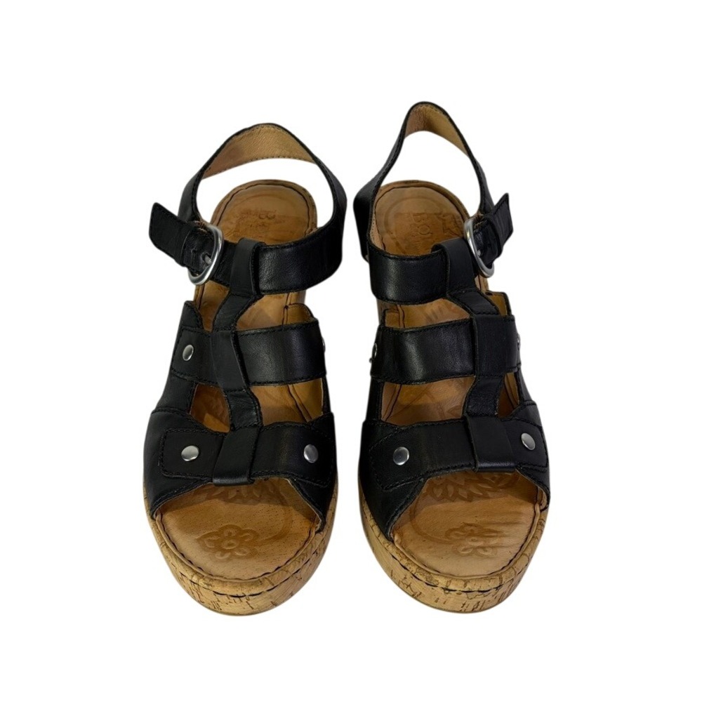 Born Wedge Sandals Women's 9 Black‎ Leather Cork Platform B96303 Studded Buckle